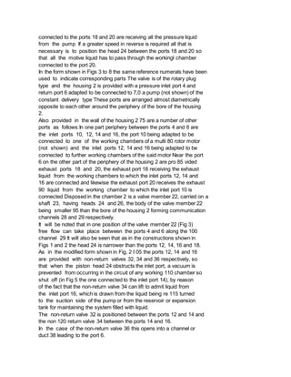 connected to the ports 18 and 20 are receiving all the pressure liquid
from the pump If a greater speed in reverse is required all that is
necessary is to position the head 24 between the ports 18 and 20 so
that all the motive liquid has to pass through the workingl chamber
connected to the port 20.
In the form shown in Figs 3 to 8 the same reference numerals have been
used to indicate corresponding parts The valve is of the rotary plug
type and the housing 2 is provided with a pressure inlet port 4 and
return port 6 adapted to be connected to 7,0 a pump (not shown) of the
constant delivery type These ports are arranged almost diametrically
opposite to each other around the periphery of the bore of the housing
2.
Also provided in the wall of the housing 2 75 are a number of other
ports as follows:In one part periphery between the ports 4 and 6 are
the inlet ports 10, 12, 14 and 16, the port 10 being adapted to be
connected to one of the working chambers of a multi 80 rotor motor
(not shown) and the inlet ports 12, 14 and 16 being adapted to be
connected to further working chambers of the said motor Near the port
6 on the other part of the periphery of the housing 2 are pro 85 vided
exhaust ports 18 and 20, the exhaust port 18 receiving the exhaust
liquid from the working chambers to which the inlet ports 12, 14 and
16 are connected and likewise the exhaust port 20 receives the exhaust
90 liquid from the working chamber to which the inlet port 10 is
connected Disposed in the chamber 2 is a valve member 22, carried on a
shaft 23, having heads 24 and 26, the body of the valve member 22
being smaller 95 than the bore of the housing 2 forming communication
channels 28 and 29 respectively.
It will be noted that in one position of the valve member 22 (Fig 3)
free flow can take place between the ports 4 and 6 along the 100
channel 29 It will also be seen that as in the constructions shown in
Figs 1 and 2 the head 24 is narrower than the ports 12, 14, 16 and 18.
As in the modified form shown in Fig, 2 I 05 the ports 12, 14 and 16
are provided with non-return valves 32, 34 and 36 respectively, so
that when the piston head 24 obstructs the inlet port, a vacuum is
prevented from occurring in the circuit of any working 110 chamber so
shut off (in Fig 5 the one connected to the inlet port 14), by reason
of the fact that the non-return valve 34 can lift to admit liquid from
the inlet port 16, which is drawn from the liquid being re 115 turned
to the suction side of the pump or from the reservoir or expansion
tank for maintaining the system filled with liquid.
The non-return valve 32 is positioned between the ports 12 and 14 and
the non 120 return valve 34 between the ports 14 and 16.
In the case of the non-return valve 36 this opens into a channel or
duct 38 leading to the port 6.
 