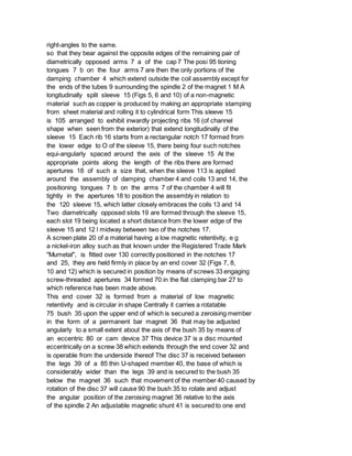 right-angles to the same.
so that they bear against the opposite edges of the remaining pair of
diametrically opposed arms 7 a of the cap 7 The posi 95 tioning
tongues 7 b on the four arms 7 are then the only portions of the
damping chamber 4 which extend outside the coil assembly except for
the ends of the tubes 9 surrounding the spindle 2 of the magnet 1 M A
longitudinally split sleeve 15 (Figs 5, 6 and 10) of a non-magnetic
material such as copper is produced by making an appropriate stamping
from sheet material and rolling it to cylindrical form This sleeve 15
is 105 arranged to exhibit inwardly projecting ribs 16 (of channel
shape when seen from the exterior) that extend longitudinally of the
sleeve 15 Each rib 16 starts from a rectangular notch 17 formed from
the lower edge to O of the sleeve 15, there being four such notches
equi-angularly spaced around the axis of the sleeve 15 At the
appropriate points along the length of the ribs there are formed
apertures 18 of such a size that, when the sleeve 113 is applied
around the assembly of damping chamber 4 and coils 13 and 14, the
positioning tongues 7 b on the arms 7 of the chamber 4 will fit
tightly in the apertures 18 to position the assembly in relation to
the 120 sleeve 15, which latter closely embraces the coils 13 and 14
Two diametrically opposed slots 19 are formed through the sleeve 15,
each slot 19 being located a short distance from the lower edge of the
sleeve 15 and 12 l midway between two of the notches 17.
A screen plate 20 of a material having a low magnetic retentivity, e g
a nickel-iron alloy such as that known under the Registered Trade Mark
"Mumetal", is fitted over 130 correctly positioned in the notches 17
and 25, they are held firmly in place by an end cover 32 (Figs 7, 8,
10 and 12) which is secured in position by means of screws 33 engaging
screw-threaded apertures 34 formed 70 in the flat clamping bar 27 to
which reference has been made above.
This end cover 32 is formed from a material of low magnetic
retentivity and is circular in shape Centrally it carries a rotatable
75 bush 35 upon the upper end of which is secured a zeroising member
in the form of a permanent bar magnet 36 that may be adjusted
angularly to a small extent about the axis of the bush 35 by means of
an eccentric 80 or cam device 37 This device 37 is a disc mounted
eccentrically on a screw 38 which extends through the end cover 32 and
is operable from the underside thereof The disc 37 is received between
the legs 39 of a 85 thin U-shaped member 40, the base of which is
considerably wider than the legs 39 and is secured to the bush 35
below the magnet 36 such that movement of the member 40 caused by
rotation of the disc 37 will cause 90 the bush 35 to rotate and adjust
the angular position of the zeroising magnet 36 relative to the axis
of the spindle 2 An adjustable magnetic shunt 41 is secured to one end
 