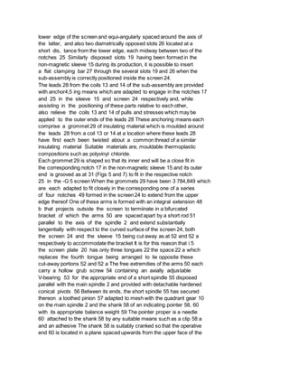 lower edge of the screen and equi-angularly spaced around the axis of
the latter, and also two diametrically opposed slots 26 located at a
short dis, tance from the lower edge, each midway between two of the
notches 25 Similarly disposed slots 19 having been formed in the
non-magnetic sleeve 15 during its production, it is possible to insert
a flat clamping bar 27 through the several slots 19 and 26 when the
sub-assembly is correctly positioned inside the screen 24.
The leads 28 from the coils 13 and 14 of the sub-assembly are provided
with anchor4,5 ing means which are adapted to engage in the notches 17
and 25 in the sleeve 15 and screen 24 respectively and, while
assisting in the positioning of these parts relative to each other,
also relieve the coils 13 and 14 of pulls and stresses which may be
applied to the outer ends of the leads 28 These anchoring means each
comprise a grommet 29 of insulating material which is moulded around
the leads 28 from a coil 13 or 14 at a location where these leads 28
have first each been twisted about a common thread of a similar
insulating material Suitable materials are, mouldable thermoplastic
compositions such as polyvinyl chloride.
Each grommet 29 is shaped so that its inner end will be a close fit in
the corresponding notch 17 in the non-magnetic sleeve 15 and its outer
end is grooved as at 31 (Figs 5 and 7) to fit in the respective notch
25 in the -G 5 screen When the grommets 29 have been 3 784,849 which
are each adapted to fit closely in the corresponding one of a series
of four notches 49 formed in the screen 24 to extend from the upper
edge thereof One of these arms is formed with an integral extension 48
b that projects outside the screen to termiinate in a bifurcated
bracket of which the arms 50 are spaced apart by a short rod 51
parallel to the axis of the spindle 2 and extend substantially
tangentially with respect to the curved surface of the screen 24, both
the screen 24 and the sleeve 15 being cut away as at 52 and 52 a
respectively to accommodate the bracket It is for this reason that i 5
the screen plate 20 has only three tongues 22 the space 22 a which
replaces the fourth tongue being arranged to lie opposite these
cut-away portions 52 and 52 a The free extremities of the arms 50 each
carry a hollow grub screw 54 containing an axially adjustable
V-bearing 53 for the appropriate end of a short spindle 55 disposed
parallel with the main spindle 2 and provided with detachable hardened
conical pivots 56 Between its ends, the short spindle 55 has secured
thereon a toothed pinion 57 adapted to mesh with the quadrant gear 10
on the main spindle 2 and the shank 58 of an indicating pointer 58, 60
with its appropriate balance weight 59 The pointer proper is a needle
60 attached to the shank 58 by any suitable means such as a clip 58 a
and an adhesive The shank 58 is suitably cranked so that the operative
end 60 is located in a plane spaced upwards from the upper face of the
 