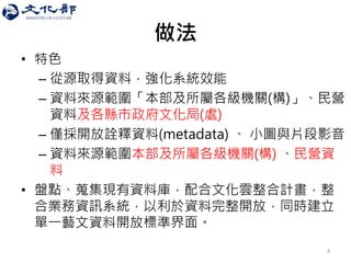 做法 
4 
•特色 
–從源取得資料，強化系統效能 
–資料來源範圍「本部及所屬各級機關(構)」、民營 資料及各縣市政府文化局(處) 
–僅採開放詮釋資料(metadata) 、 小圖與片段影音 
–資料來源範圍本部及所屬各級機關(構) 、民營資 料 
•盤點、蒐集現有資料庫，配合文化雲整合計畫，整 合業務資訊系統，以利於資料完整開放，同時建立 單一藝文資料開放標準界面。  