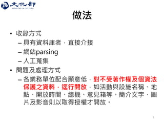 做法 
5 
•收錄方式 
–具有資料庫者，直接介接 
–網站parsing 
–人工蒐集 
•問題及處理方式 
–各業務單位配合願意低，對不受著作權及個資法 保護之資料，逕行開放，如活動與設施名稱、地 點、開放時間、總機、意見箱等。簡介文字、圖 片及影音則以取得授權才開放。  