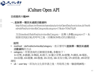 67 
目前提供六種API 
一.查詢單一類別未過期活動資料 http://cloud.culture.tw/frontsite/opendata/activityOpenDataJsonAction.do?method=doFindActivitiesByCategory&category=17&uk=7Gbd75gM 方法(method)為doFindActivitiesByCategory，並傳入參數category=17，系 統接受到此URL的呼叫之後，回傳JSON格式的活動訊息。 說明 
•method：doFindActivitiesByCategory，表示要呼叫查詢單一類別未過期 活動資料的方法 
•category：所要查詢的活動類別參數, 參數如下： 1=音樂, 2=戲劇, 3=舞蹈, 4=親子, 5=獨立音樂, 6=展覽, 7=講座, 8=電影, 11=綜藝, 13=競賽, 14=徵選, 15=其他, 16=未知分類, 17=演唱會, 19=研習 課程 
•uk：user key，即為向文化部申請之後，所取得之唯一驗證碼(8碼)。 
iCulture Open API  