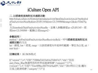 69 
二.以經緯度查詢附近未過期活動 http://cloud.culture.tw/frontsite/opendata/activityOpenDataJsonAction.do?method=doFindActivitiesNearBy&lat=25.051345&lon=121.549569&range=2&uk=7Gbd75gM 方法(method)為doFindActivitiesNearBy，並傳入參數緯度lat =25.051345、經 度lon=121.549569、範圍(公里)range=2。 參數說明： method：doFindAdoFindActivitiesNearByctivityById，呼叫經緯度查詢附近未 過期活動的方法 lat：緯度, lon：經度, range：以該經緯度向外延伸的範圍，單位為公里, uk： user key)。 回傳結果： 採 JSON格式 [{"version":"1.4","UID":"5306bd7d433eb3a27fdb47e3","title":"伍佰 and_China_Blue無盡閃亮的世界巡迴演唱會","category":"17"}, {version":"1.4","UID":"53ee4096cc46f7543e9adff9","title":"2014明日之星-邁向 巨星之路演唱會","category":"17"}] 
iCulture Open API  
