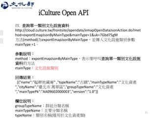71 
四. 查詢單一類別文化設施資料 http://cloud.culture.tw/frontsite/opendata/emapOpenDataJsonAction.do?method=exportEmapJsonByMainType&mainType=1&uk=7Gbd75gM 方法(method)為exportEmapJsonByMainType，並傳入文化設施類別參數 mainType =1。 參數說明： method：exportEmapJsonByMainType，表示要呼叫查詢單一類別文化設施 資料的方法 mainType：文化設施類別 回傳結果： [{"name":"艋舺地藏庵" ,"typeName":"古蹟","mainTypeName":"文化資產 ","cityName":"臺北市 萬華區","groupTypeName":"文化資產 ","mainTypePk":"AA09602000003","version":"1.0"}] 欄位說明： groupTypeName：群組分類名稱 mainTypeName：主要分類名稱 typeName：類別名稱(僅用於文化資產類) iCulture Open API  