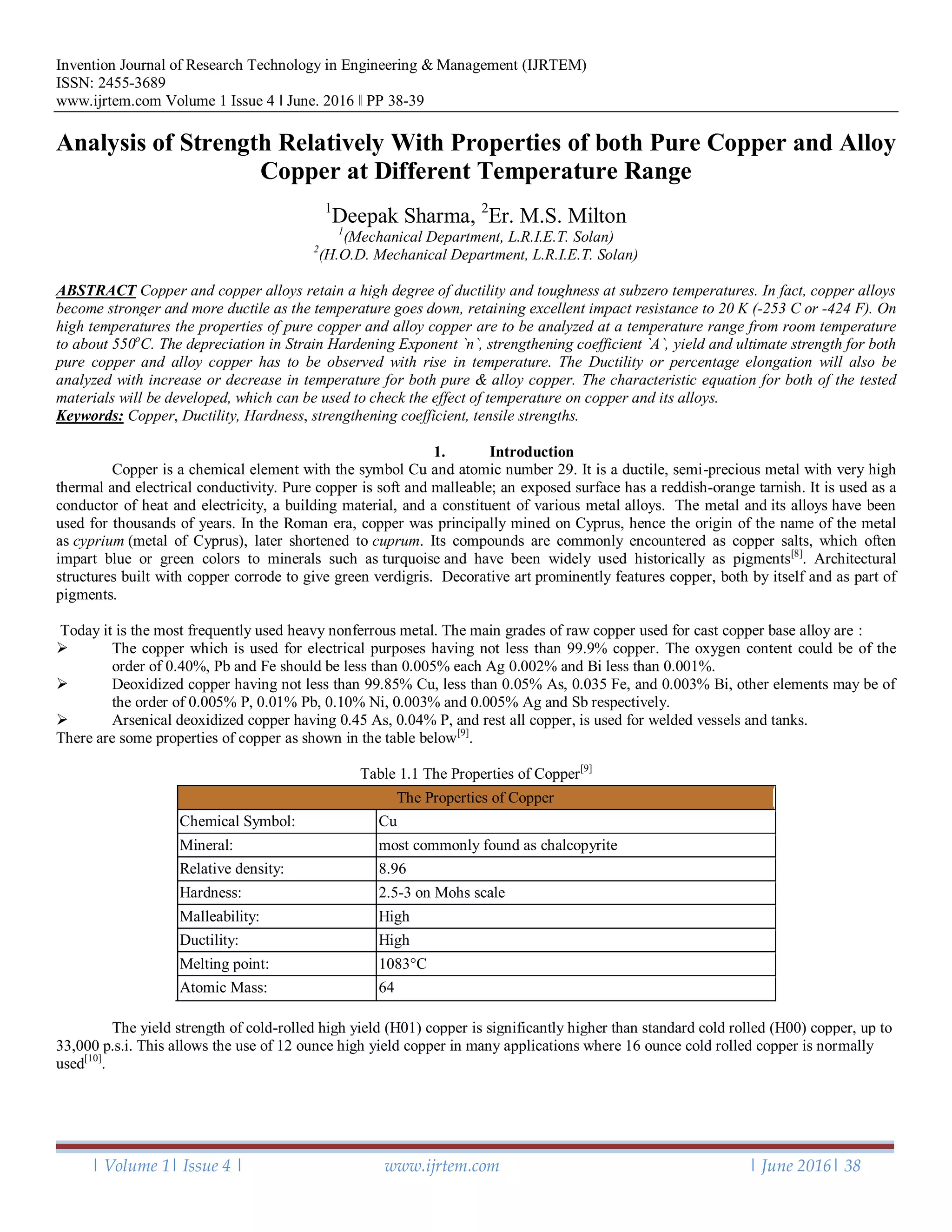 Analysis of Strength Relatively With Properties of both Pure Copper and ...