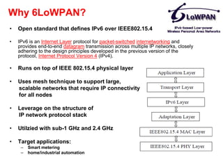 Why 6LoWPAN?
• Open standard that defines IPv6 over IEEE802.15.4
• IPv6 is an Internet Layer protocol for packet-switched internetworking and
provides end-to-end datagram transmission across multiple IP networks, closely
adhering to the design principles developed in the previous version of the
protocol, Internet Protocol Version 4 (IPv4).
• Runs on top of IEEE 802.15.4 physical layer
• Uses mesh technique to support large,
scalable networks that require IP connectivity
for all nodes
• Leverage on the structure of
IP network protocol stack
• Utilzied with sub-1 GHz and 2.4 GHz
• Target applications:
– Smart metering
– home/industrial automation
 