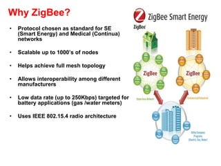 Why ZigBee?
• Protocol chosen as standard for SE
(Smart Energy) and Medical (Continua)
networks
• Scalable up to 1000’s of nodes
• Helps achieve full mesh topology
• Allows interoperability among different
manufacturers
• Low data rate (up to 250Kbps) targeted for
battery applications (gas /water meters)
• Uses IEEE 802.15.4 radio architecture
Image
 