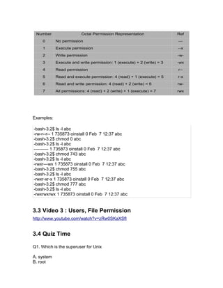 Examples:
-bash-3.2$ ls -l abc
-rw-r--r-- 1 735873 oinstall 0 Feb 7 12:37 abc
-bash-3.2$ chmod 0 abc
-bash-3.2$ ls -l abc
---------- 1 735873 oinstall 0 Feb 7 12:37 abc
-bash-3.2$ chmod 743 abc
-bash-3.2$ ls -l abc
-rwxr---wx 1 735873 oinstall 0 Feb 7 12:37 abc
-bash-3.2$ chmod 755 abc
-bash-3.2$ ls -l abc
-rwxr-xr-x 1 735873 oinstall 0 Feb 7 12:37 abc
-bash-3.2$ chmod 777 abc
-bash-3.2$ ls -l abc
-rwxrwxrwx 1 735873 oinstall 0 Feb 7 12:37 abc
3.3 Video 3 : Users, File Permission
http://www.youtube.com/watch?v=zRw0SKaXSfI
3.4 Quiz Time
Q1. Which is the superuser for Unix
A. system
B. root
Number Octal Permission Representation Ref
0 No permission ---
1 Execute permission --x
2 Write permission -w-
3 Execute and write permission: 1 (execute) + 2 (write) = 3 -wx
4 Read permission r--
5 Read and execute permission: 4 (read) + 1 (execute) = 5 r-x
6 Read and write permission: 4 (read) + 2 (write) = 6 rw-
7 All permissions: 4 (read) + 2 (write) + 1 (execute) = 7 rwx
 