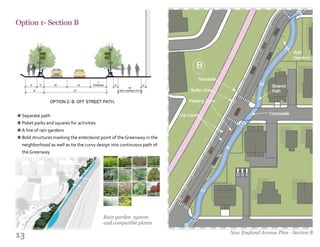 13
Option 1- Section B
Separate path
Poket parks and squares for activities
A line of rain gardens
Bold structures marking the enter/exist point of the Greenway in the
neighborhood as well as tie the curvy design into continuous path of
the Greenway
n
n
n
n
New England Avenue Plan - Section B
Rain garden system
and compatible plants
 