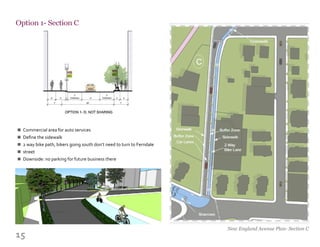 15
Option 1- Section C
New England Avenue Plan- Section C
Commercial area for auto services
Define the sidewalk
2 way bike path, bikers going south don’t need to turn to Ferndale
street
Downside: no parking for future business there
n
n
n
n
n
 