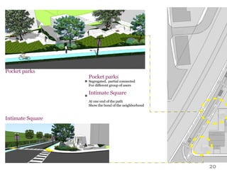 20
Pocket parks
Segregated, partial connected
For different group of users
Intimate Square
At one end of the path
Show the bond of the neighborhood
n
n
Pocket parks
Intimate Square
 