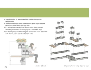 25
This components are based on elements that are missing in this
neighborhood.
This bench is designed so that is seats various people, giving them the
flexibility to choose where they want to sit.
It is also designed so that you can take this bench and re-arrange it
depending of a theme or whatever program is intended to serve.
For this temporary installation the green infrastructure occurs at a smaller
scale allowing nature to soak up the storm water.
n
n
n
n
Section of Bench Diagram of bench setup - layer by layer
 