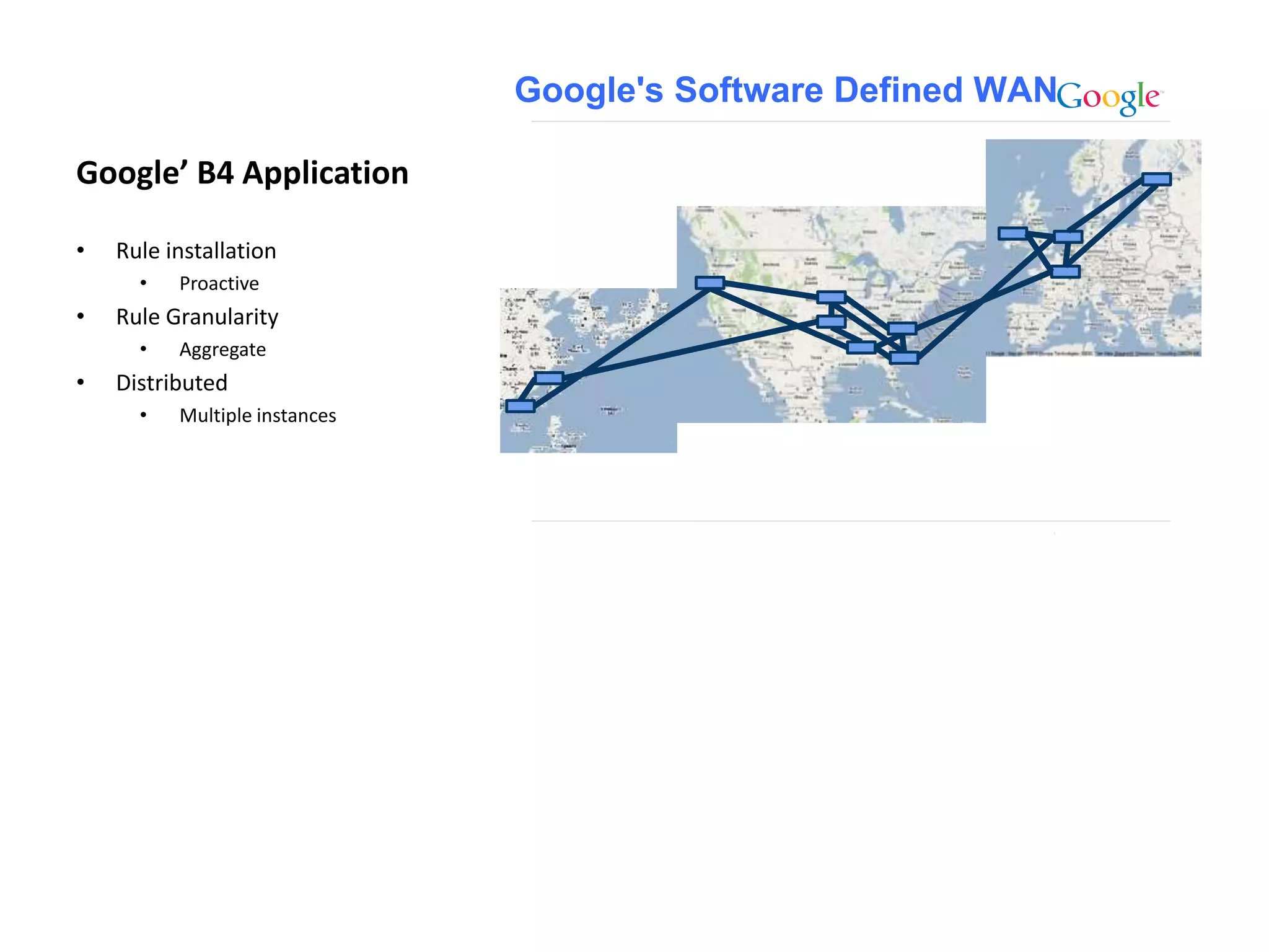 Google’ B4 Application
• Rule installation
• Proactive
• Rule Granularity
• Aggregate
• Distributed
• Multiple instances
 