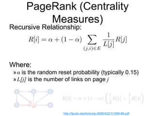 PageRank (Centrality
Measures)
Recursive Relationship:
Where:
»α is the random reset probability (typically 0.15)
»L[j] is the number of links on page j
1 32
4 65
http://ilpubs.stanford.edu:8090/422/1/1999-66.pdf
 
