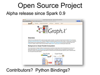 Open Source Project
Alpha release since Spark 0.9
Contributors? Python Bindings?
 