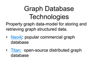 Graph Database
Technologies
Property graph data-model for storing and
retrieving graph structured data.
• Neo4j: popular commercial graph
database
• Titan: open-source distributed graph
database
 