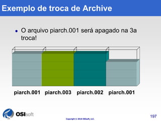Exemplo de troca de Archive 
 O arquivo piarch.001 será apagado na 3a 
Copyright © 2010 OSIsoft, LLC. 
troca! 
197 
piarch.001 piarch.003 piarch.002 piarch.001 
 