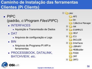 Copyright © 2010 OSIsoft, LLC. 
58 
Caminho de Instalação das ferramentas 
Clientes (Pi Clients) 
 PIPC 
(padrão, c:Program FilesPIPC) 
 INTERFACES 
 Aquisição e Transmissão de Dados 
 DAT 
 Arquivos de configuração e Logs 
 BIN 
 Arquivos de Programa PI API e 
ferramentas 
 PROCESSBOOK, DATALINK, 
BATCHVIEW, etc. 
 