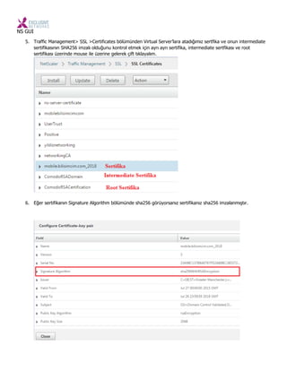 NS GUI
5. Traffic Management> SSL >Certificates bölümünden Virtual Server’lara atadığımız sertfika ve onun intermediate
sertifikasının SHA256 imzalı olduğunu kontrol etmek için ayrı ayrı sertifika, intermediate sertfikası ve root
sertifikası üzerinde mouse ile üzerine gelerek çift tıklayalım.
6. Eğer sertifikanın Signature Algorithm bölümünde sha256 görüyorsanız sertifikanız sha256 imzalanmıştır.
 