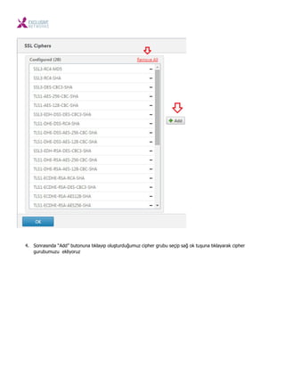 4. Sonrasında “Add” butonuna tıklayıp oluşturduğumuz cipher grubu seçip sağ ok tuşuna tıklayarak cipher
gurubumuzu ekliyoruz
 