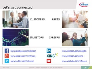 Let's get connected
www.facebook.com/infineon
www.google.com/+infineon
www.twitter.com/infineon www.youtube.com/infineon
www.infineon.com/xing
www.infineon.com/linkedin
CUSTOMERS PRESS
INVESTORS CAREERS
262016-11-23 Copyright © Infineon Technologies AG 2016. All rights reserved.
 