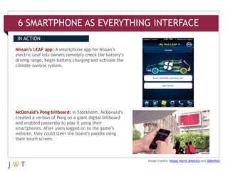 6 SMARTPHONE AS EVERYTHING INTERFACE
IN ACTION

Nissan’s LEAF app: A smartphone app for Nissan’s
electric Leaf lets owners remotely check the battery’s
driving range, begin battery charging and activate the
climate-control system.




McDonald’s Pong billboard: In Stockholm, McDonald’s
created a version of Pong on a giant digital billboard
and enabled passersby to play it using their
smartphones. After users logged on to the game’s
website, they could steer the board’s paddle using
their touch screen.



                                                         Image credits: Nissan North America and ddbsthlm
 