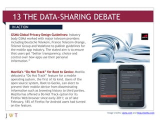13 THE DATA-SHARING DEBATE
IN ACTION

GSMA Global Privacy Design Guidelines: Industry
body GSMA worked with major telecom providers
including Deutsche Telekom, France Telecom–Orange,
Telenor Group and Vodafone to publish guidelines for
the mobile app industry. The stated aim is to ensure
that users get “better transparency, choice and
control over how apps use their personal
information.”


Mozilla’s “Do Not Track” for Boot to Gecko: Mozilla
debuted a “Do Not Track” feature for a mobile
operating system, the first of its kind. Users of the
open source system, Boot to Gecko, can elect to
prevent their mobile device from disseminating
information such as browsing history to third parties.
Mozilla has offered a Do Not Track option for its
Firefox Web browser since early 2011; as of late
February, 18% of Firefox for Android users had turned
on the feature.

                                                         Image credits: gsma.com and blog.mozilla.com
 