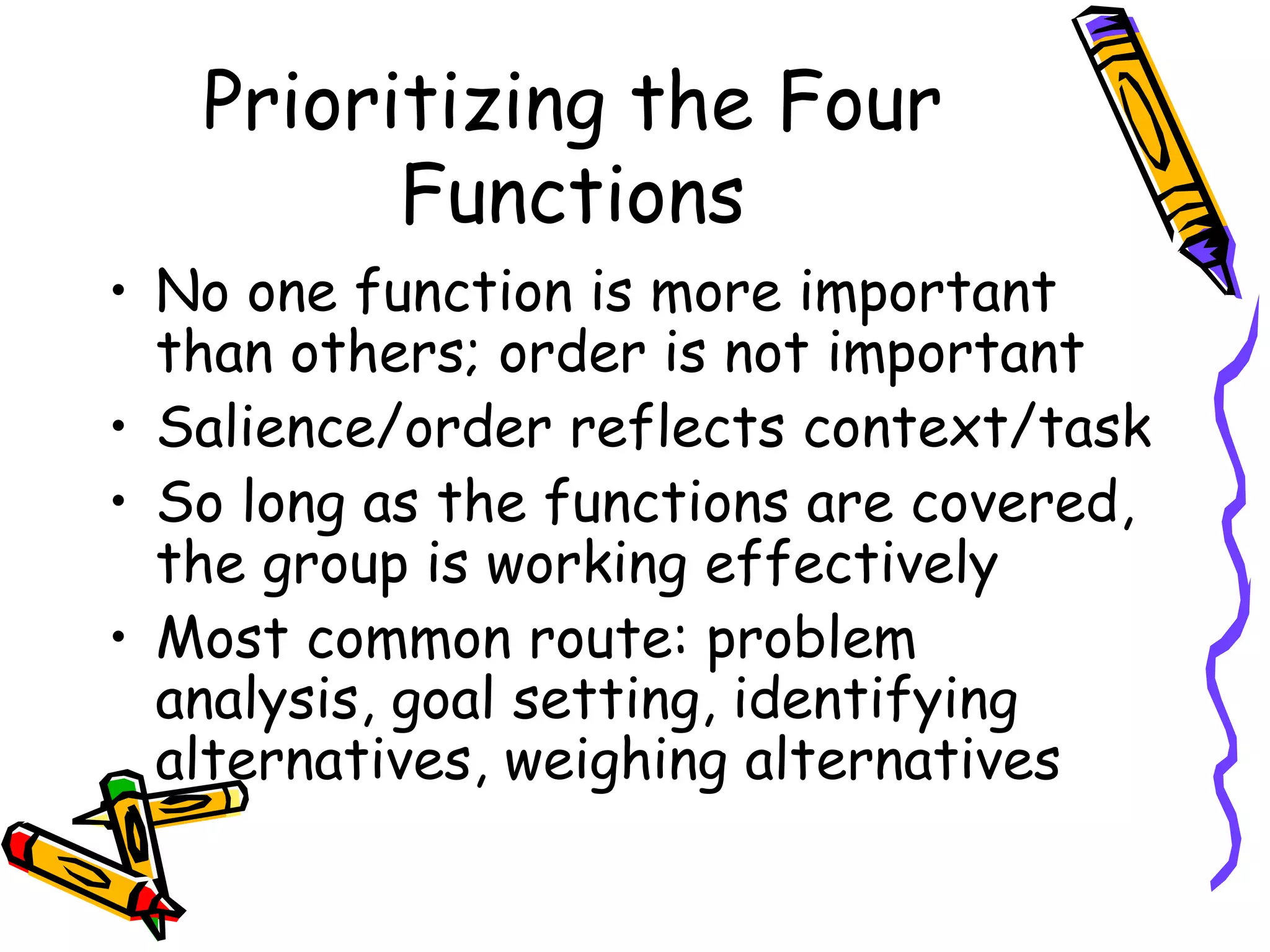 Prioritizing the Four Functions No one function is more important than others; order is not important Salience/order reflects context/task So long as the functions are covered, the group is working effectively Most common route: problem analysis, goal setting, identifying alternatives, weighing alternatives 