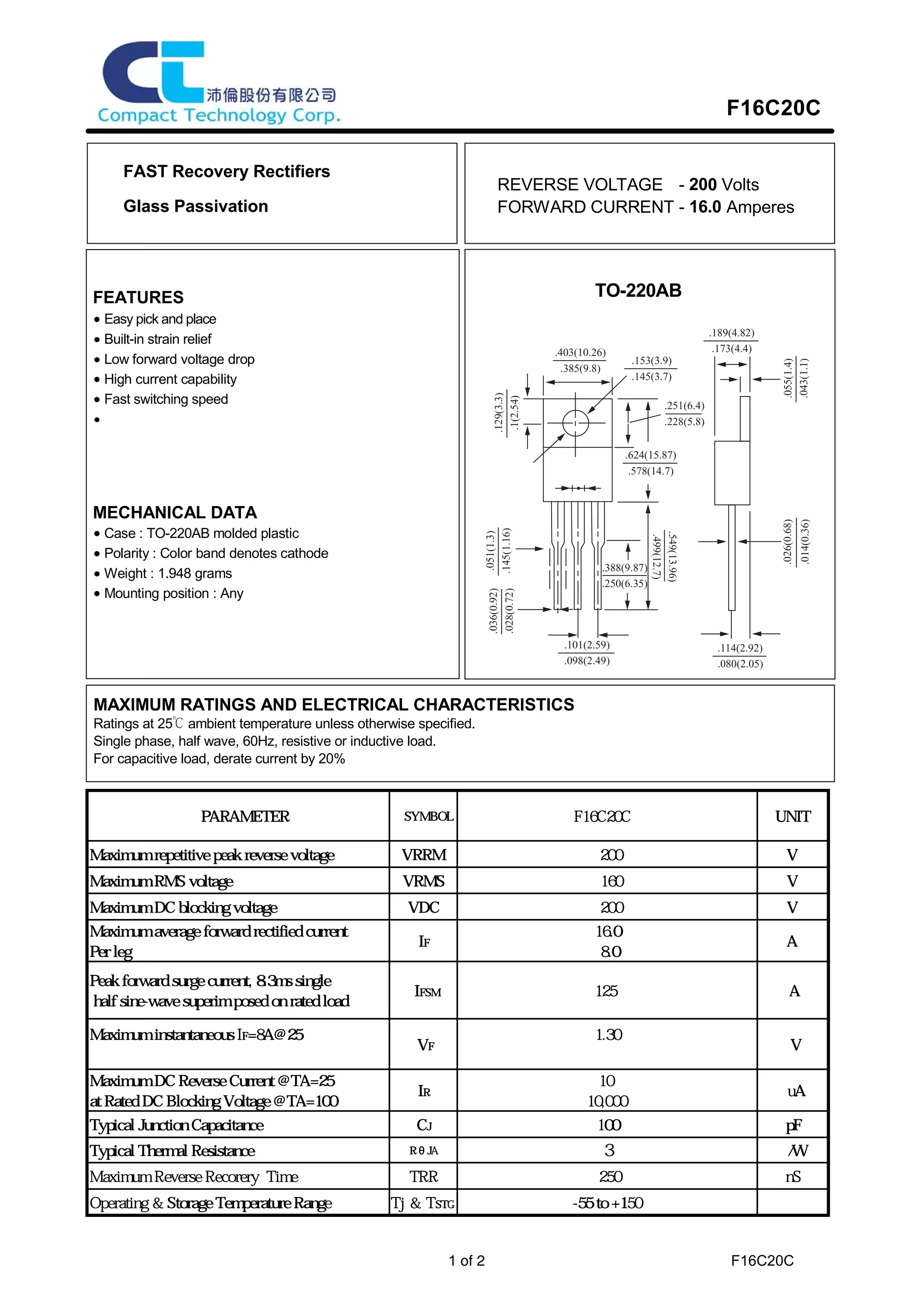 Original Mosfet F16C20C F16C20 16C20 16A 200V TO-220 New | PDF