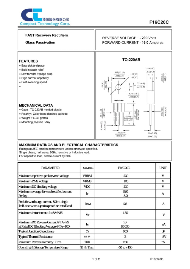 Original Mosfet F16C20C F16C20 16C20 16A 200V TO-220 New | PDF