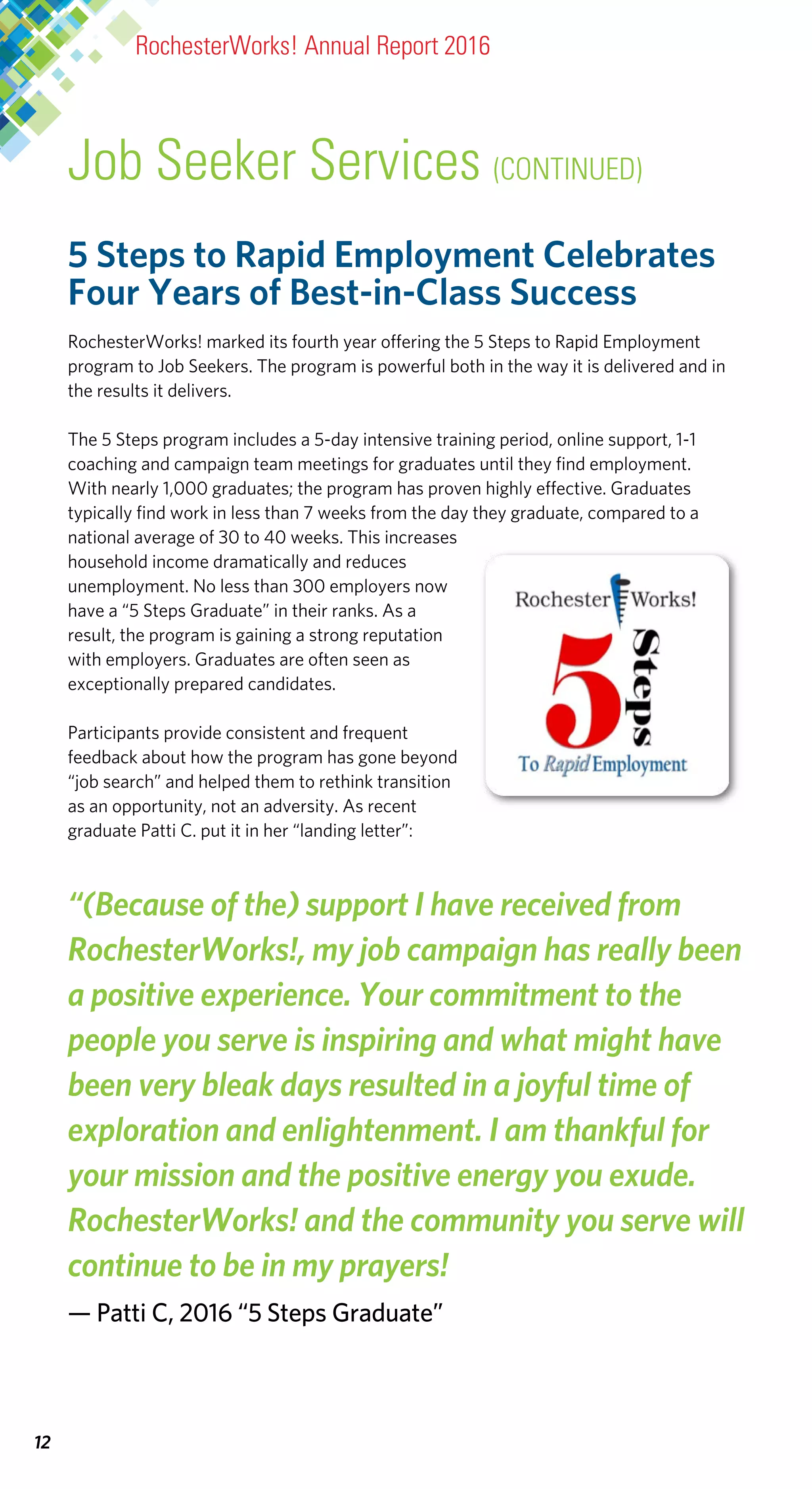 12
5 Steps to Rapid Employment Celebrates
Four Years of Best-in-Class Success
RochesterWorks! marked its fourth year offering the 5 Steps to Rapid Employment
program to Job Seekers. The program is powerful both in the way it is delivered and in
the results it delivers.
The 5 Steps program includes a 5-day intensive training period, online support, 1-1
coaching and campaign team meetings for graduates until they find employment.
With nearly 1,000 graduates; the program has proven highly effective. Graduates
typically find work in less than 7 weeks from the day they graduate, compared to a
national average of 30 to 40 weeks. This increases
household income dramatically and reduces
unemployment. No less than 300 employers now
have a “5 Steps Graduate” in their ranks. As a
result, the program is gaining a strong reputation
with employers. Graduates are often seen as
exceptionally prepared candidates.
Participants provide consistent and frequent
feedback about how the program has gone beyond
“job search” and helped them to rethink transition
as an opportunity, not an adversity. As recent
graduate Patti C. put it in her “landing letter”:
“(Because of the) support I have received from
RochesterWorks!, my job campaign has really been
a positive experience. Your commitment to the
people you serve is inspiring and what might have
been very bleak days resulted in a joyful time of
exploration and enlightenment. I am thankful for
your mission and the positive energy you exude.
RochesterWorks! and the community you serve will
continue to be in my prayers!
— Patti C, 2016 “5 Steps Graduate”
RochesterWorks! Annual Report 2016
Job Seeker Services (CONTINUED)
 