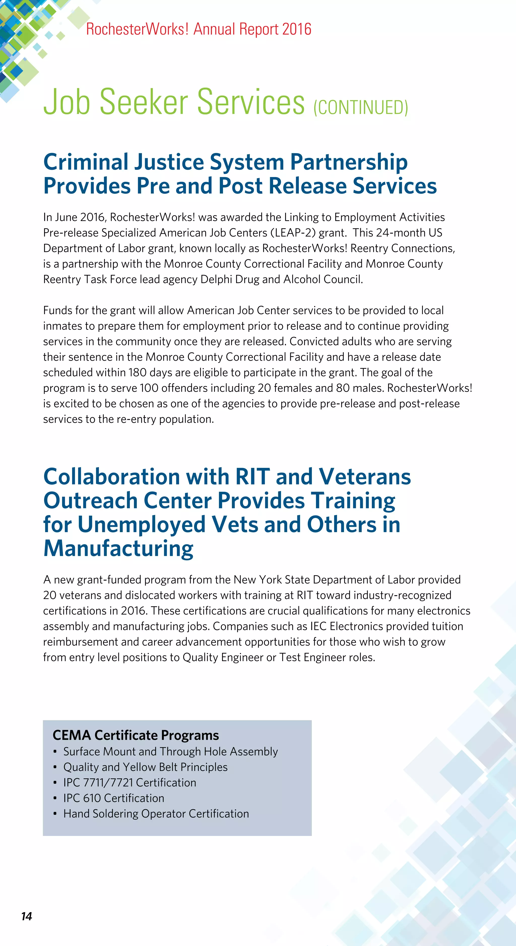 Job Seeker Services (CONTINUED)
14
RochesterWorks! Annual Report 2016
Criminal Justice System Partnership
Provides Pre and Post Release Services
In June 2016, RochesterWorks! was awarded the Linking to Employment Activities
Pre-release Specialized American Job Centers (LEAP-2) grant. This 24-month US
Department of Labor grant, known locally as RochesterWorks! Reentry Connections,
is a partnership with the Monroe County Correctional Facility and Monroe County
Reentry Task Force lead agency Delphi Drug and Alcohol Council.
Funds for the grant will allow American Job Center services to be provided to local
inmates to prepare them for employment prior to release and to continue providing
services in the community once they are released. Convicted adults who are serving
their sentence in the Monroe County Correctional Facility and have a release date
scheduled within 180 days are eligible to participate in the grant. The goal of the
program is to serve 100 offenders including 20 females and 80 males. RochesterWorks!
is excited to be chosen as one of the agencies to provide pre-release and post-release
services to the re-entry population.
Collaboration with RIT and Veterans
Outreach Center Provides Training
for Unemployed Vets and Others in
Manufacturing
A new grant-funded program from the New York State Department of Labor provided
20 veterans and dislocated workers with training at RIT toward industry-recognized
certifications in 2016. These certifications are crucial qualifications for many electronics
assembly and manufacturing jobs. Companies such as IEC Electronics provided tuition
reimbursement and career advancement opportunities for those who wish to grow
from entry level positions to Quality Engineer or Test Engineer roles.
CEMA Certificate Programs
•	 Surface Mount and Through Hole Assembly
•	 Quality and Yellow Belt Principles
•	 IPC 7711/7721 Certification
•	 IPC 610 Certification
•	 Hand Soldering Operator Certification
 