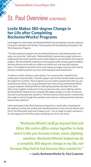 18
Leslie Makes 180-degree Change in
her Life after Completing
RochesterWorks! Programs
Leslie began her relationship with RochesterWorks! by participating in the job readiness
training for individuals with families. Following that she immediately participated in the
Work Experience Program.
“The (job readiness) program was very beneficial because it educated everyone in all
topics, not just a few,” said Leslie. “RochesterWorks! covered every aspect and issue a
single parent like myself could face and it really helped me see the benefit of this type of
program. We discussed the importance of having good credit, having a good foundation,
activities that we can do with our children as a family unit, and many job readiness
topics. This helped me transition to the work experience program because I felt I had all
the tools I needed to perform my hours while looking for paid employment. “
To others in similar situations, Leslie advises, “For me personally, I needed to find
employment. I have the skills, I have the support, and I am the one that needs to provide
the support for my family. These programs are not as bad as people think when you are
required to go to them, you are guaranteed to learn many things and RochesterWorks!
is a great supporter. RochesterWorks! (staff) go beyond their job titles; this entire
office comes together to help and it is like you become a lean, mean, fighting machine.
RochesterWorks! helped me do a complete 180-degree change in my life, not because
they had to but because they wanted to. I felt the sincerity of each person I worked with;
they made me feel as though they wanted to work with me, not because they had to but
because they wanted to.”
Leslie participated in the Work Experience Program for a month after completing the
job readiness training. She worked with a RochesterWorks! Career Services Advisor and
the St. Paul Placements team and is happy to say, “I am no longer on public assistance, I
am very happy to be off of the system and taking care of my own family.”
“RochesterWorks! staff go beyond their job
titles; this entire office comes together to help
and it is like you become a lean, mean, fighting,
machine. RochesterWorks! helped me do
a complete 180-degree change in my life, not
because they had to but because they wanted to.”
— Leslie, RochesterWorks! St. Paul Customer
RochesterWorks! Annual Report 2016
St. Paul Overview (CONTINUED)
 