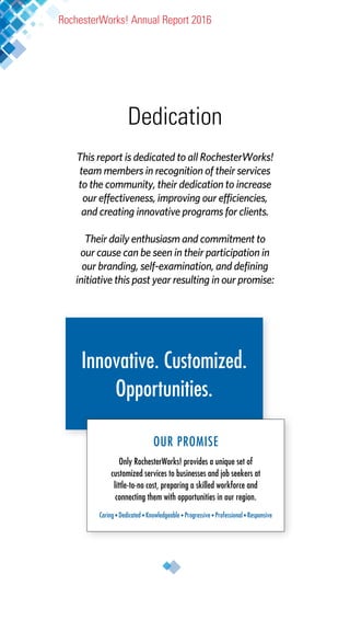 This report is dedicated to all RochesterWorks!
team members in recognition of their services
to the community, their dedication to increase
our effectiveness, improving our efficiencies,
and creating innovative programs for clients.
Their daily enthusiasm and commitment to
our cause can be seen in their participation in
our branding, self-examination, and defining
initiative this past year resulting in our promise:
Dedication
RochesterWorks! Annual Report 2016
Innovative. Customized.
Opportunities.
Only RochesterWorks! provides a unique set of
customized services to businesses and job seekers at
little-to-no cost, preparing a skilled workforce and
connecting them with opportunities in our region.
OUR PROMISE
Caring • Dedicated • Knowledgeable • Progressive • Professional • Responsive
 