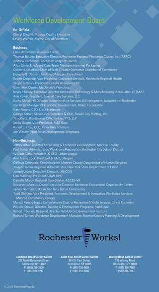 Goodman Street Career Center
255 North Goodman Street
Rochester, NY 14607
P: (585) 258-3500
F: (585) 232-3727
Saint Paul Street Career Center
691 St. Paul Street
Rochester, NY 14605
P: (585) 753-6855
F: (585) 753-5606
Waring Road Career Center
276 Waring Road
Rochester, NY 14609
P: (585) 266-7760
F: (585) 266-7041
Workforce Development Board
Ex–Officio
Cheryl Dinolfo, Monroe County Executive
Lovely Warren, Mayor, City of Rochester
Business
Dana Abramson, Business Owner
Thomas Battley, Executive Director, Rochester Regional Photonics Cluster, Inc. (RRPC)
Andrew Carpentier, Rochester Magnet, Owner
Alice Curry, Employee Care Team Manager, Hammer Packaging
Colleen DiMartino, Chief of Staff, Greater Rochester Chamber of Commerce
Douglas B. Dobson, Facilities Manager, Carestream
Robert Donahue, Vice President, Corporate Services, Rochester Regional Health
Sergio Esteban, President, LaBella Associates, PC
Glen Jeter, Owner, McDonald’s Franchise
Kevin J. Kelley, Executive Director, Rochester Technology & Manufacturing Association (RTMA)
Ann Kowal, President, Special Care Systems, LLC
Kathy Miner, HR Director, Administrative Services & Employment, University of Rochester
Joe Rizzo, Manager of Economic Development, RG&E Corporation
Gary Rogers, CEO, Dock Hardware
George Scharr, Senior Vice President & CEO, Flower City Printing, Inc.
Timothy S. Shortsleeve, CPA, Partner, TYS, LLP
Stella Slaight, Vice President, M&T Bank
Robert J. Titus, CEO, Innovative Solutions
Joe Wesley, Workforce Development, Wegmans
Non-Business
Jeffrey Adair, Director of Planning & Economic Development, Monroe County
Paul Burke, Administrator/Workforce Preparation, Rochester City School District
William Clark, President & CEO, Urban League
Ann Marie Cook, President & CEO, Lifespan
Corinda Crossdale, Commissioner, Monroe County Department of Human Services
Joseph Hamm, Regional Administrator, New York State Department of Labor
Joseph Leone, Executive Director, UNICON
Dan Maloney, President, UAW 1097
Danielle Maloy, Regional Coordinator, ACCES-VR
Roosevelt Mareus, Dean/Executive Director, Rochester Educational Opportunity Center
James Norman, CEO, Action for a Better Community
Todd Oldham, Vice President, Economic Development & Innovative Workforce Services,
Monroe Community College
Marisol Ramos-Lopez, Commissioner, Dept. of Recreation & Youth Services, City of Rochester
Patricia Stovall, Director, Training & Employment Programs, PathStone
Robert Trouskie, Regional Director, Workforce Development Institute
Richard Turner, Workforce Development Manager, Monroe County Planning & Development
© 2016 RochesterWorks!
 