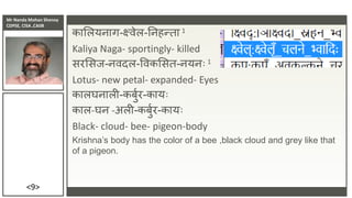 Mr Nanda Mohan Shenoy
CDPSE, CISA ,CAIIB
<9>
कासलयिाग-क्ष्िेल-तिहन्ता 1
Kaliya Naga- sportingly- killed
सरससि-ििदल-विकससत-ियििः 1
Lotus- new petal- expanded- Eyes
कालघिाली-कबुुर-कायिः
काल-घि -अली-कबुुर-कायिः
Black- cloud- bee- pigeon-body
Krishna’s body has the color of a bee ,black cloud and grey like that
of a pigeon.
 