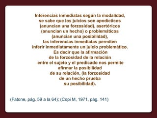 Inferencias inmediatas según la modalidad,
se sabe que los juicios son apodícticos
(anuncian una forzosidad), asertóricos
(anuncian un hecho) o problemáticos
(anuncian una posibilidad),
las inferencias inmediatas permiten
inferir inmediatamente un juicio problemático.
Es decir que la afirmación
de la forzosidad de la relación
entre el sujeto y el predicado nos permite
afirmar la posibilidad
de su relación, (la forzosidad
de un hecho prueba
su posibilidad).
(Fatone, pág. 59 a la 64); (Copi M, 1971, pág. 141)
 
