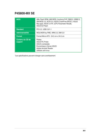 xv
4Mo Flash ROM, AMI BIOS, fonctions PnP, DMI2.0, WfM2.0,
SM BIOS 2.3, ACPI 2.0, ASUS CrashFree BIOS 2, ASUS
MyLogo2, ASUS C.P.R. (CPU Parameter Recall),
ASUS EZ Flash
PCI 2.2, USB 2.0/1.1
WOL/WOR by PME, WfM 2.0, DMI 2.0
Format Micro-ATX : 24.5 cm x 24.5 cm
Pilotes
ASUS PC Probe
ASUS LiveUpdate
Economiseur dʼécran ASUS
Adobe Acrobat Reader
Utilitaire anti-virus
BIOS
Standard
Administrabilité
Format
Contenu du CD de
support
P4S800-MX SE
*Les spéciﬁcations peuvent changer sans avertissement.
 