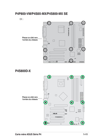 Carte mère ASUS Série P4 1-11
EX :
P4P800-VM/P4S8X-MX/P4S800-MX SE
P4S800-MXSE
P4S800D-X
P4S800D-X
R
Placez ce côté vers
lʼarrière du châssis
Placez ce côté vers
lʼarrière du châssis
 