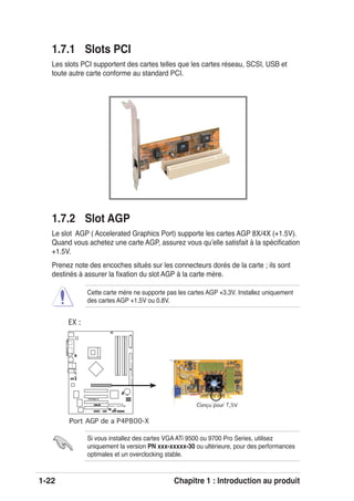 1-22 Chapitre 1 : Introduction au produit
1.7.1 Slots PCI
Les slots PCI supportent des cartes telles que les cartes réseau, SCSI, USB et
toute autre carte conforme au standard PCI.
1.7.2 Slot AGP
Le slot AGP ( Accelerated Graphics Port) supporte les cartes AGP 8X/4X (+1.5V).
Quand vous achetez une carte AGP, assurez vous quʼelle satisfait à la spéciﬁcation
+1.5V.
Prenez note des encoches situés sur les connecteurs dorés de la carte ; ils sont
destinés à assurer la ﬁxation du slot AGP à la carte mère.
Si vous installez des cartes VGA ATi 9500 ou 9700 Pro Series, utilisez
uniquement la version PN xxx-xxxxx-30 ou ultérieure, pour des performances
optimales et un overclocking stable.
Cette carte mère ne supporte pas les cartes AGP +3.3V. Installez uniquement
des cartes AGP +1.5V ou 0.8V.
P4P800-X
®
P4P800-X Accelerated Graphics Port (AGP)
Keyed for 1.5v
EX :
Port AGP de a P4P800-X
Conçu pour 1,5V
 