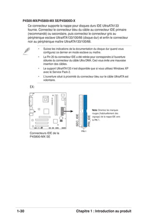 1-30 Chapitre 1 : Introduction au produit
P4S8X-MX/P4S800-MX SE/P4S800D-X
Ce connecteur supporte la nappe pour disques durs IDE UltraATA133
fournie. Connectez le connecteur bleu du câble au connecteur IDE primaire
(recommandé) ou secondaire, puis connectez le connecteur gris au
périphérique esclave UltraATA133/100/66 (disque dur) et enﬁn le connecteur
noir au périphérique maître UltraATA133/100/66.
• Suivez les indications de la dccumentation du disque dur quand vous
conﬁgurez ce dernier en mode esclave ou maître.
• La Pin 20 du connecteur IDE a été retirée pour correspondre à lʼouverture
obturée du connecteur du câble Ultra DMA. Ceci vous évite une mauvaise
insertion des câbles.
• Le support UltraATA133 nʼest disponible que si vous utilisez Windows XP
avec le Service Pack 2.
• Lʼouverture situé à proximité du connecteur bleu sur le câble UltraATA est
volontaire.
P4S800-MXSE
P4S800-MX SE IDE connectors
NOTE: Orient the red markings
(usually zigzag) on the IDE
ribbon cable to PIN 1.
SEC_IDE
PRI_IDE
PIN 1
EX:
Note:Note: Orientez les marques
rouges (habituellement des
zigzags) de la nappe IDE vers
la PIN 1.
Connecteurs IDE de la
P4S800-MX SE
 