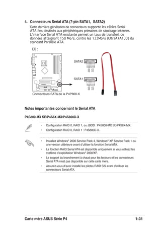 Carte mère ASUS Série P4 1-31
4. Connecteurs Serial ATA (7-pin SATA1, SATA2)
Cette dernière génération de connecteurs supporte les câbles Serial
ATA ﬁns destinés aux périphériques primaires de stockage internes.
Lʼinterface Serial ATA existante permet un taux de transfert de
données atteignant 150 Mo/s, contre les 133Mo/s (UltraATA133) du
standard Parallèle ATA.
P4P800-X
®
P4P800-X SATA connectors
SATA1
GND
RSATA_TXP1
RSATA_TXN1
GND
RSATA_RXN1
RSATA_RXP1
GND
SATA2
GND
RSATA_TXP2
RSATA_TXN2
GND
RSATA_RXN2
RSATA_RXP2
GND
EX :
Notes importantes concernant le Serial ATA
P4S800-MX SE/P4S8X-MX/P4S800D-X
• Installez Windows®
2000 Service Pack 4, Windows®
XP Service Pack 1 ou
une version ultérieure avant dʼutiliser la fonction Serial ATA.
• La fonction RAID Serial ATA est disponible uniquement si vous utilisez les
système dʼexploitation Windows®
2000/XP.
• Le support du branchement à chaud pour les lecteurs et les connecteurs
Serial ATA nʼest pas disponible sur cette carte mère.
• Assurez-vous dʼavoir installé les pilotes RAID SiS avant dʼutiliser les
connecteurs Serial ATA.
• Conﬁguration RAID 0, RAID 1, ou JBOD : P4S800-MX SE/P4S8X-MX.
• Conﬁguration RAID 0, RAID 1 : P4S800D-X.
Connecteurs SATA de la P4P800-X
 