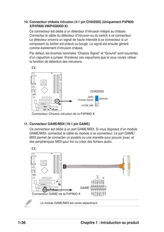 1-36 Chapitre 1 : Introduction au produit
11. Connecteur GAME/MIDI (16-1 pin GAME)
Ce connecteur est dédié à un port GAME/MIDI. Si vous disposez dʼun module
GAME/MIDI, connectez le câble du module à ce connecteur. Le port GAME/
MIDI permet de connecter un joystick ou une manette pour pouvoir jouer, et
des périphériques MIDI pour lire ou créer des ﬁchiers audio.
Le module GAME/MIDI est vendu séparément.
P4P800-X
®
P4P800-X Game connector
GAME
+5V+5V
J2B1
J2CX
MIDI_OUT
J2CY
J2B2
MIDI_IN
J1B1
J1CX
GND
GND
J1CY
J1B2
+5V
EX:
10. Connecteur châssis intrusion (4-1 pin CHASSIS) (Uniquement P4P800-
X/P4P800-VM/P4S800D-X)
Ce connecteur est dédié à un détecteur dʼintrusion intégré au châssis.
Connectez le câble du détecteur dʼintrusion ou du switch à ce connecteur.
Le détecteur enverra un signal de haute intensité à ce connecteur si un
composant du boîtier est enlevé ou bougé. Le signal est ensuite généré
comme évènement dʼintrusion châssis.
Par défaut, les broches nommées “Chassis Signal” et “Ground” sont couvertes
dʼun capuchon à jumper. Nʼenlevez ces capuchons que si vous voulez utiliser
la fonction de détection des intrusions.
P4P800-X
®
P4P800-X Chassis intrusion connector
CHASSIS
+5VSB_MB
Chassis Signal
GND
(Default)
EX:
Connecteur GAME de la P4P800-X
Connecteur Chassis intrusion de la P4P800-X
 