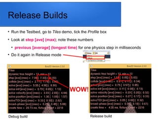 Release Builds

Run the Testbed, go to Tiles demo, tick the Profile box

Look at step [ave] (max); note these numbers

previous [average] (longest time) for one physics step in milliseconds

Do it again in Release mode
WOW!
Debug build Release build
 