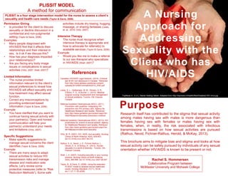 PLISSIT MODEL
A method for communication
PLISSIT is a four stage intervention model for the nurse to assess a client’s
sexuality and health care needs (Taylor & Davis, 2006).
Permission Giving
• Is provided for the client to discuss
sexuality or decline discussion in a
confidential and non-judgmental
setting (Taylor & Davis, 2006).
Examples:
• Many people diagnosed with
HIV/AIDS find that it affects their
relationships and their interest in
sex. Is it ok if we discuss this?
• How has your diagnosis impacted
your relationship(s)?
• Are you facing any body image
issues or complications in sexual
activities (Ortiz, 2007; Shell, 2007)?
Limited Information
• The nurse provides limited
information relevant to the client’s
sexual preferences to reveal how
HIV/AIDS will affect sexuality and
how treatment may affect sexual
function.
• Correct any misconceptions by
providing evidenced-based
information (Taylor & Davis, 2006).
Example:
• You have clarified that you want to
continue having sexual activity with
your partner(s). Open and honest
communication will help your
partner(s) understand your needs
and limitations (Ortiz, 2007).
Specific Suggestions
• Make specific suggestions to
manage sexual concerns the client
identifies (Taylor & Davis, 2006).
Example:
• There are many ways to adapt
sexual activities to reduce HIV
transmission risks and manage
disease and medication side
effects. Let’s review some
protective measures (refer to “Risk
Reduction Methods”). Some safe
`
A Nursing
Approach for
Addressing
Sexuality with the
Client who has
HIV/AIDSReferences
Canadian HIV/AIDS Legal Network. (2014). Criminal
law & HIV non-disclosure in Canada. Retrieved
from http://www.aidslaw.ca/site/wp-content/
uploads/2014/09/CriminalInfo2014_ENG.pdf
Lewis, S. L., Heitkemper, M. M., Dirksen, S. R.,
O’Brien, P. G., & Bucher, L. (2010). Medical-
surgical nursing: Assessment and management
of clinical problems. Toronto, ON: Elsevier
Canada.
National Guideline Clearinghouse (NGC). (2011).
Prevention with positives: Integrating HIV
prevention into HIV primary care. Agency for
Healthcare Research and Quality. Retrieved
from http://www.guideline.gov/content.aspx?id=
34207&search=sexuality+prevention+method
National Guideline Clearinghouse (NGC). (2013). HIV
prophylaxis for victims of sexual assault. Agency
for Healthcare Research and Quality. Retrieved
from http://www.guideline.gov/content.aspx?id=
48158&search=aids+and+sexuality
Ortiz, M. R. (2007). HIV, AIDS, and sexuality. Nursing
Clinics of North America, 42(4), 639-653.
doi:10.1016/j.cnur.2007.08.010
Rathus, S. A., Nevid, J. S., Fichner-Rathus, L.,
Herold, E. S., & McKay, A. (2013). Human
sexuality in a world of diversity. Toronto, ON:
Pearson Canada.
Shell, J. A. (2007). Including sexuality in your nursing
practice. Nursing Clinics of North America,
42(4), 685-696. doi:10.1016/j.cnur.2007.08.007
Taylor, B., & Davis, S. (2006). Using the extended
PLISSIT model to address sexual healthcare
needs. Nursing Standard, 21(11), 35-40.
doi:11.21.11.35.c6382
Research itself has contributed to the stigma that sexual activity
among males having sex with males is more dangerous than
females having sex with females or males having sex with
females, when, in reality, the risk associated with infectious
transmissions is based on how sexual activities are pursued
(Rathus, Nevid, Fichner-Rathus, Herold, & McKay, 2013).
This brochure aims to mitigate bias and stigma and looks at how
sexual activity can be safely pursued by individuals of any sexual
orientation whether HIV/AIDS is known to be present or not.
Rachel S. Hommersen
Collaborative Program between
McMaster University and Mohawk College
activities include dry kissing, hugging,
massage, or sharing fantasies (Lewis,
et. al., 2010; Ortiz, 2007).
Intensive Therapy
• The nurse must recognize when
intensive therapy is appropriate and
how to advocate for referral(s) to
available services (Taylor & Davis, 2006).
Example:
• Would you like me to make a referral
to our sex therapist who specializes
in HIV/AIDS (Shell, 2007)?
TopNews.in. (n.d.). Hands holding ribbon. Adapted from http://topnews.in/health/files/Disabled-HIV-virus.jpg
Purpose
 