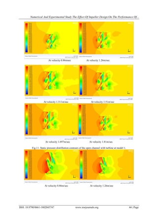 Numerical And Experimental Study The Effect Of Impeller Design On The Performance Of...
DOI: 10.9790/0661-1802043747 www.iosrjournals.org 44 | Page
At velocity 0.86msec At velocity 1.26m/sec
At velocity 1.311m/sec At velocity 1.51m/sec
At velocity 1.697m/sec At velocity 1.81m/sec
Fig.11. Static pressure distribution contours of the open channel with turbine at model 1.
At velocity 0.86m/sec At velocity 1.26m/sec
 