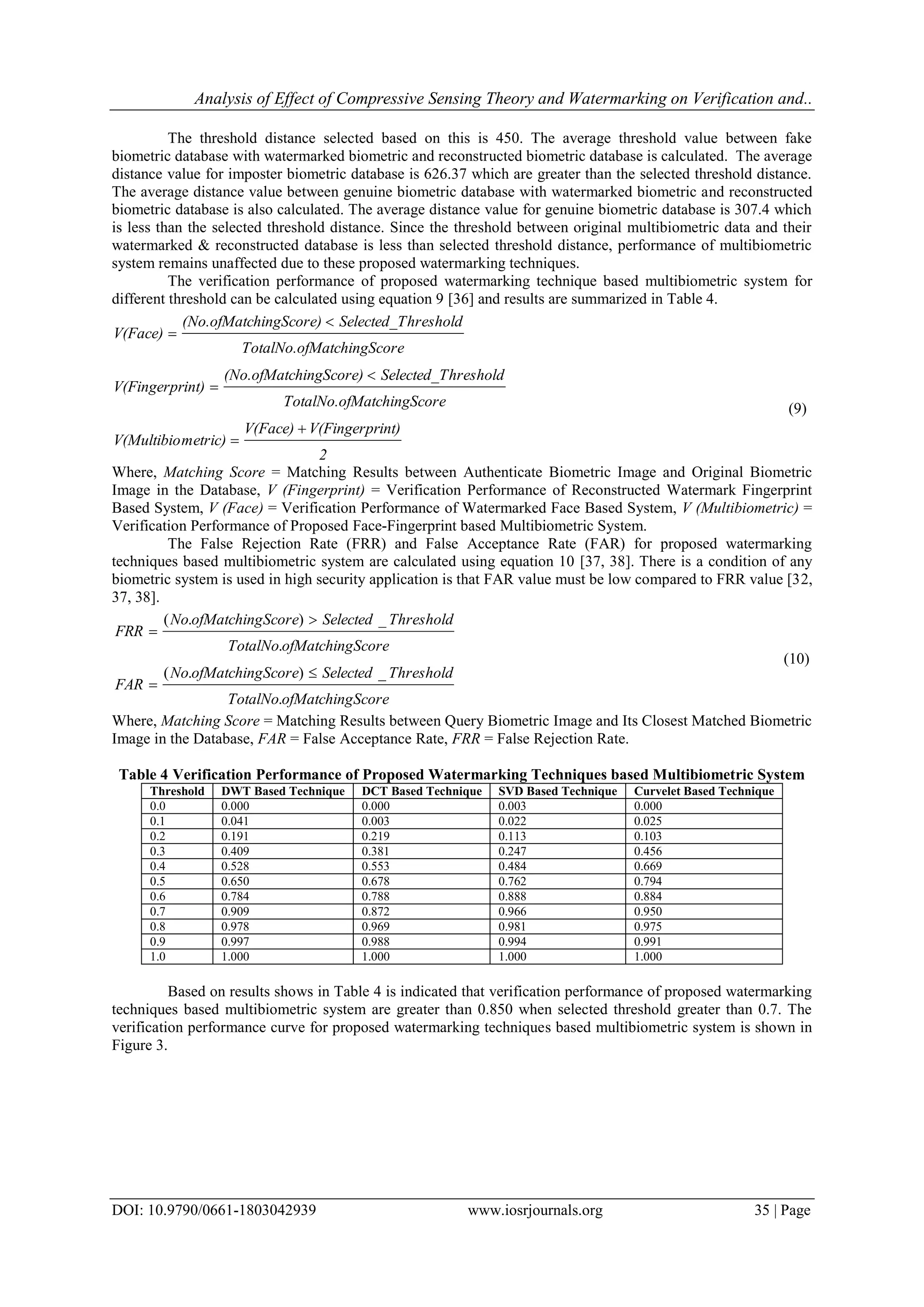 Analysis of Effect of Compressive Sensing Theory and Watermarking on Verification and..
DOI: 10.9790/0661-1803042939 www.iosrjournals.org 35 | Page
The threshold distance selected based on this is 450. The average threshold value between fake
biometric database with watermarked biometric and reconstructed biometric database is calculated. The average
distance value for imposter biometric database is 626.37 which are greater than the selected threshold distance.
The average distance value between genuine biometric database with watermarked biometric and reconstructed
biometric database is also calculated. The average distance value for genuine biometric database is 307.4 which
is less than the selected threshold distance. Since the threshold between original multibiometric data and their
watermarked & reconstructed database is less than selected threshold distance, performance of multibiometric
system remains unaffected due to these proposed watermarking techniques.
The verification performance of proposed watermarking technique based multibiometric system for
different threshold can be calculated using equation 9 [36] and results are summarized in Table 4.
2
int)V(FingerprV(Face)
metric)V(Multibio
oreMatchingScTotalNo.of
hresholdSelected_ThingScore)(No.ofMatc
int)V(Fingerpr
oreMatchingScTotalNo.of
hresholdSelected_ThingScore)(No.ofMatc
V(Face)






(9)
Where, Matching Score = Matching Results between Authenticate Biometric Image and Original Biometric
Image in the Database, V (Fingerprint) = Verification Performance of Reconstructed Watermark Fingerprint
Based System, V (Face) = Verification Performance of Watermarked Face Based System, V (Multibiometric) =
Verification Performance of Proposed Face-Fingerprint based Multibiometric System.
The False Rejection Rate (FRR) and False Acceptance Rate (FAR) for proposed watermarking
techniques based multibiometric system are calculated using equation 10 [37, 38]. There is a condition of any
biometric system is used in high security application is that FAR value must be low compared to FRR value [32,
37, 38].
ScoreofMatchingTotalNo
ThresholdSelectedScoreofMatchingNo
FAR
ScoreofMatchingTotalNo
ThresholdSelectedScoreofMatchingNo
FRR
.
_).(
.
_).(




(10)
Where, Matching Score = Matching Results between Query Biometric Image and Its Closest Matched Biometric
Image in the Database, FAR = False Acceptance Rate, FRR = False Rejection Rate.
Table 4 Verification Performance of Proposed Watermarking Techniques based Multibiometric System
Threshold DWT Based Technique DCT Based Technique SVD Based Technique Curvelet Based Technique
0.0 0.000 0.000 0.003 0.000
0.1 0.041 0.003 0.022 0.025
0.2 0.191 0.219 0.113 0.103
0.3 0.409 0.381 0.247 0.456
0.4 0.528 0.553 0.484 0.669
0.5 0.650 0.678 0.762 0.794
0.6 0.784 0.788 0.888 0.884
0.7 0.909 0.872 0.966 0.950
0.8 0.978 0.969 0.981 0.975
0.9 0.997 0.988 0.994 0.991
1.0 1.000 1.000 1.000 1.000
Based on results shows in Table 4 is indicated that verification performance of proposed watermarking
techniques based multibiometric system are greater than 0.850 when selected threshold greater than 0.7. The
verification performance curve for proposed watermarking techniques based multibiometric system is shown in
Figure 3.
 