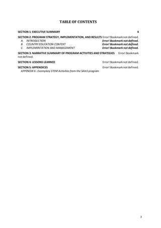 3
TABLE OF CONTENTS
SECTION 1: EXECUTIVE SUMMARY 4
SECTION 2: PROGRAM STRATEGY, IMPLEMENTATION, AND RESULTS Error! Bookmarknot defined.
A. INTRODUCTION Error! Bookmark not defined.
B. COUNTRY EDUCATION CONTEXT Error! Bookmark not defined.
C. IMPLEMENTATION AND MANAGEMENT Error! Bookmark not defined.
SECTION 3: NARRATIVE SUMMARY OF PROGRAM ACTIVITIES AND STRATEGIES Error! Bookmark
not defined.
SECTION 4: LESSONS LEARNED Error! Bookmarknot defined.
SECTION 5: APPENDICES Error! Bookmarknot defined.
APPENDIX 6 : Exemplary STEM Activities from the SAInS program
 