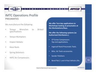 PNEUMATICS
W ff T k li ti t
IMTC Operations Profile
We manufacture the following:
• Torque Wrenches to Britool
specifications
We offer Turn‐key applications to 
Workshops looking at pneumatics at 
the Workstations/Bays.
W ff th f ll i t (
p
• Torque Multipliers
• Impact Sockets
We offer the following systems (as 
Authorized Distributors.)
• CP Screw Compressors 
T d li ti• Impact Sockets
• Hose Reels
Top‐end applications.
• Ingersoll Rand Pneumatic Tools.
• Misc Air Tools accessories
10
• Spring Balancers
• IMTC Air Compressors
• Misc. Air Tools accessories.
• Sander Polishers
• Bend Pak 2 and 4 Post Vehicle Lifts
Industrial Machinery & Tools Corporation 4/19/2013
10• Bend Pak 2‐ and 4‐Post Vehicle Lifts.
 