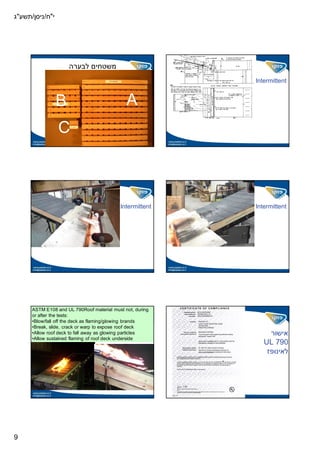 ??"?/????/???"??




                     ??????? ??????
                                                           Intermittent


                 B                            A
                 C



                                           Intermittent    Intermittent




      ASTM E108 and UL 790Roof material must not, during
      or after the tests:
      ?Blow/fall off the deck as flaming/glowing brands
      ?Break, slide, crack or warp to expose roof deck
      ?Allow roof deck to fall away as glowing particles        ???????
      ?Allow sustained flaming of roof deck underside
                                                              UL 790
                                                               ?????????




9
 